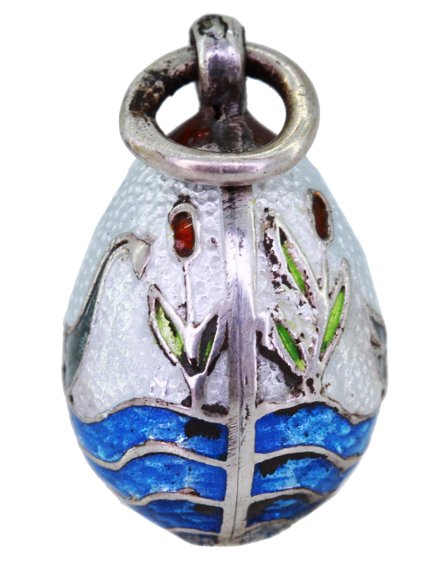 RUSSIAN SILVER AND ENAMEL SWAN LAKE EGG PENDANT PIC-2